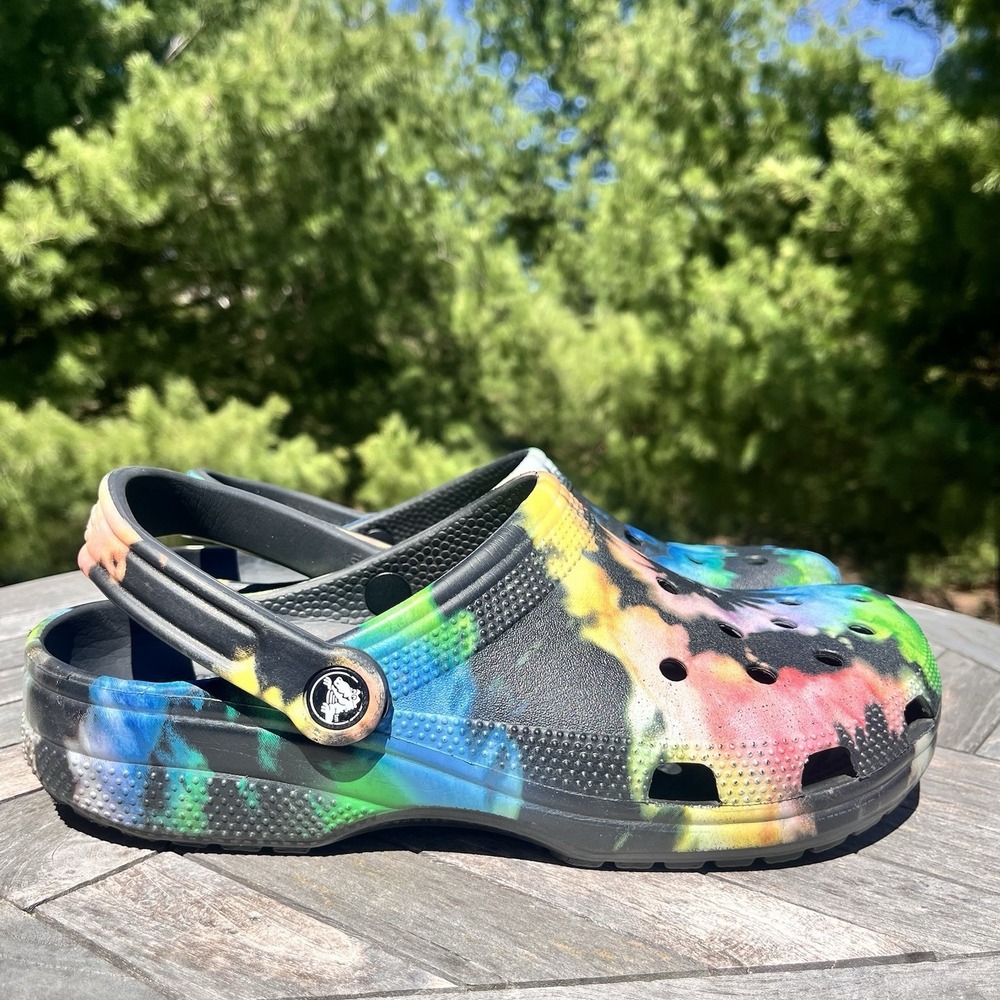 Crocs Classic Clog Womens Size 11 Black Multi Tie-Dye Ankle Strap Comfort Shoe